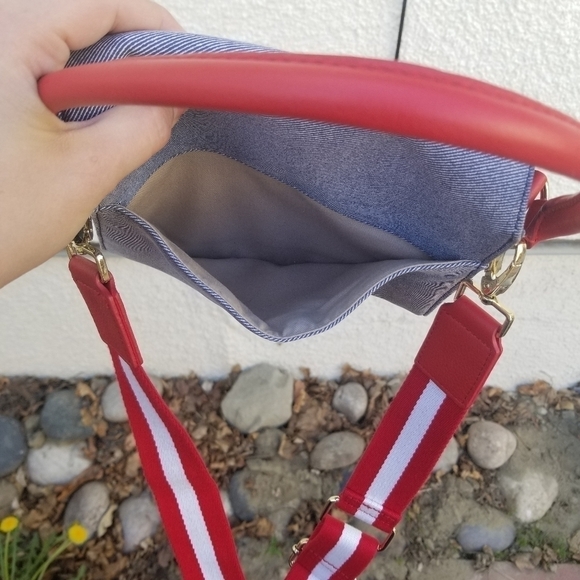 Talbot's denim look purse with red strap and removable crossbody - Picture 8 of 8